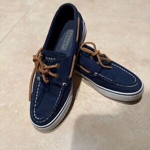 Sperry Dark Blue Loafers with Tan Laces